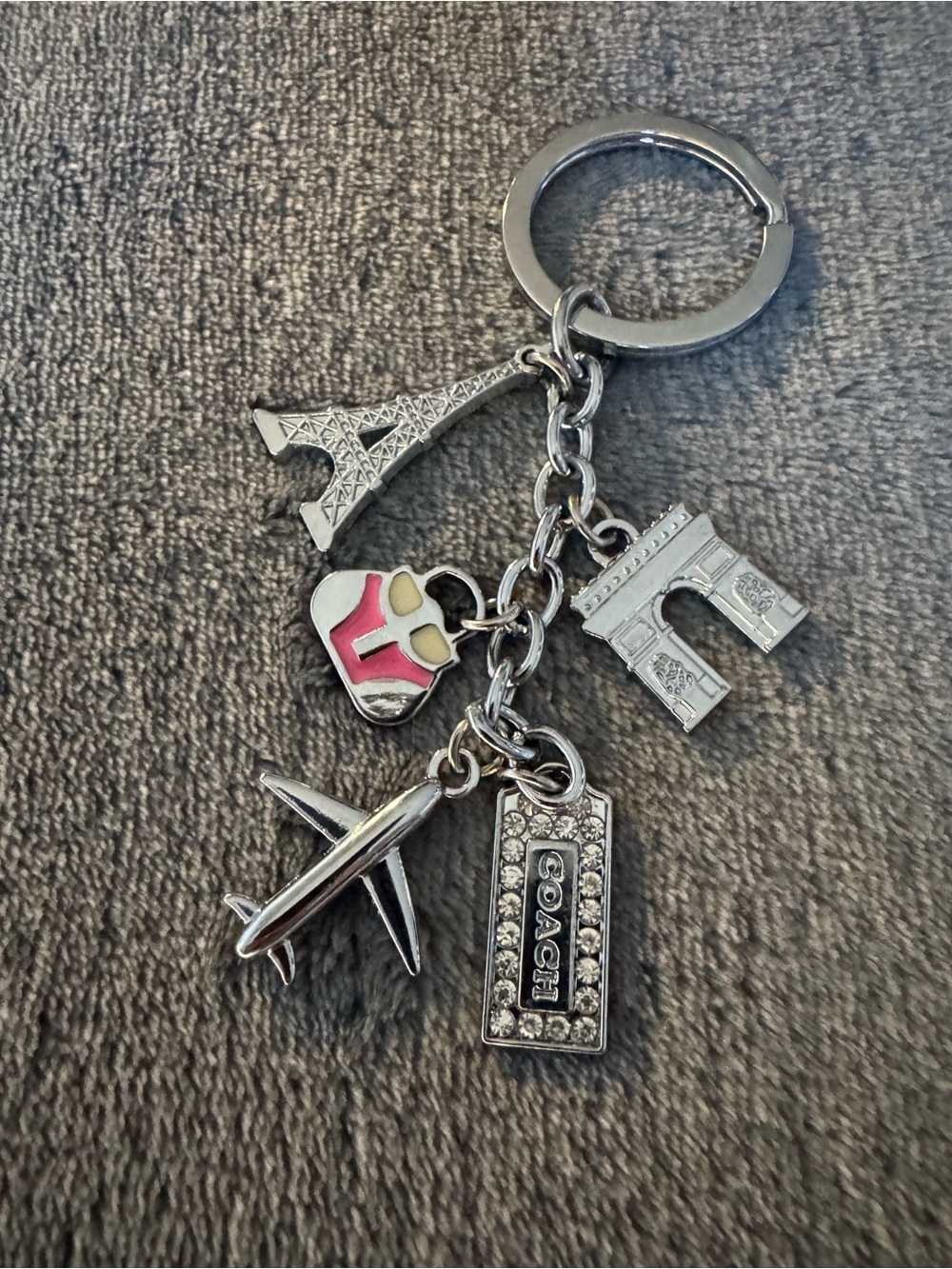 COACH Silver-Tone Paris Travel Charm Keychain with Pink Accent